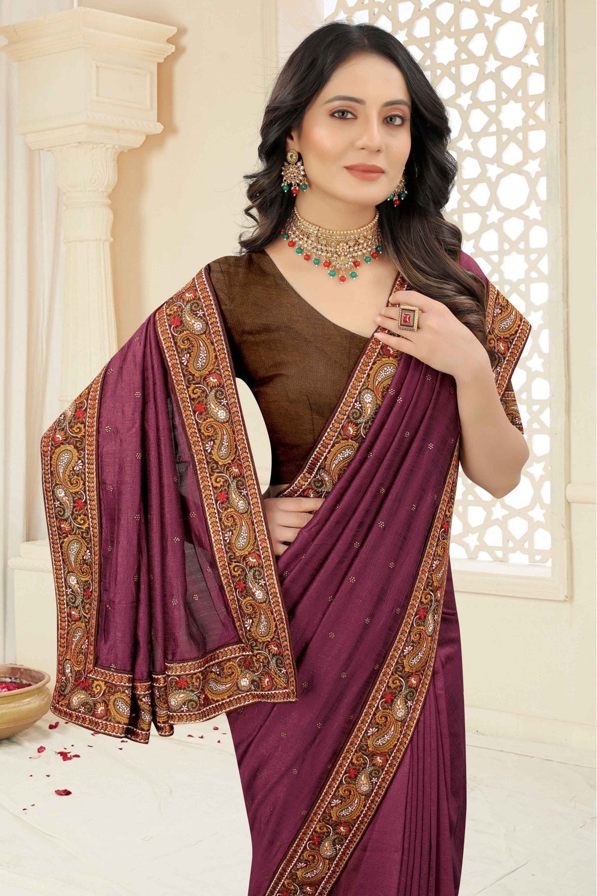 Wine Colour Vichitra Silk Embroidery Saree