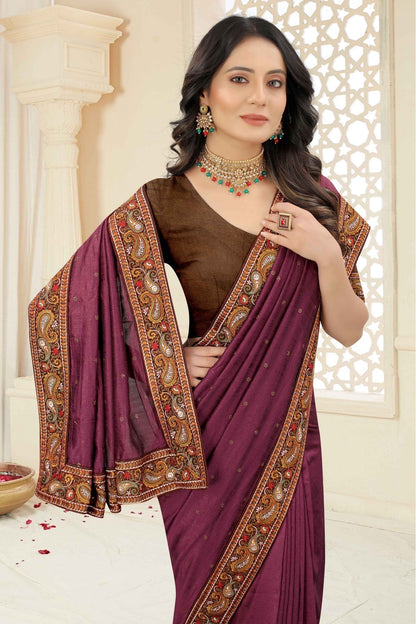 Wine Colour Vichitra Silk Embroidery Saree