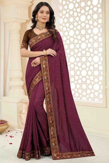 Wine Colour Vichitra Silk Embroidery Saree