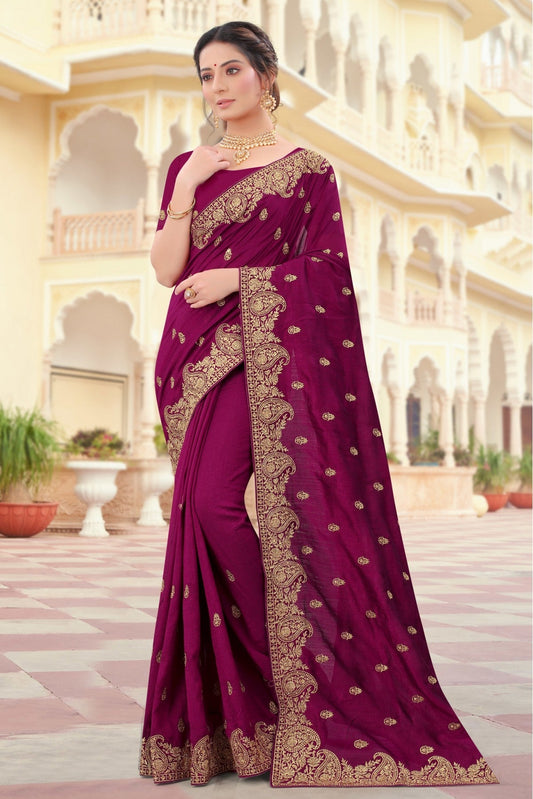 Wine Colour Vichitra Silk Resham Work Saree