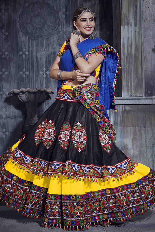 Yellow And Black Colour Art Silk Navratri Lehenga Choli