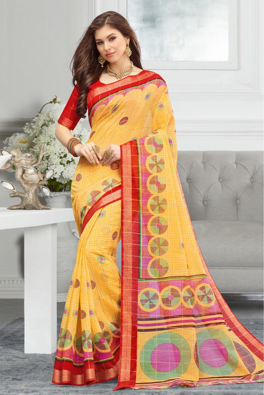 Yellow Colour Cotton Traditional Saree