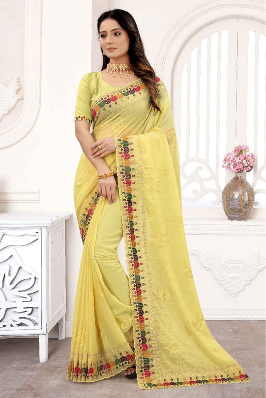 Yellow Colour Georgette Embroidery Saree