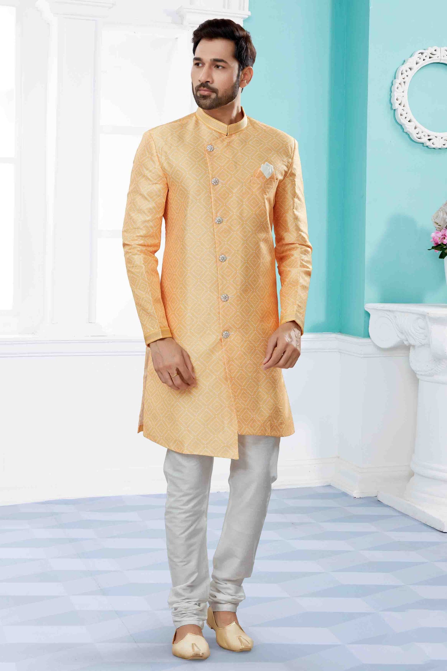 Yellow Colour Indo Western In Jacquard Fabric VSSH1040448