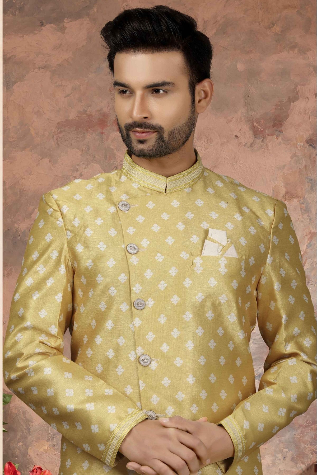 Yellow Colour Jacquard Digital Print Sherwani VSSH1040338