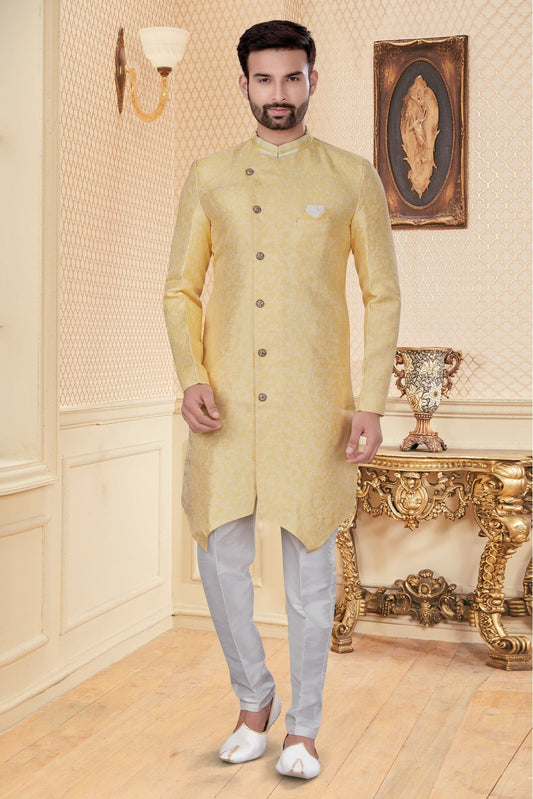 Yellow Colour Jacquard Sherwani VSSH1040265