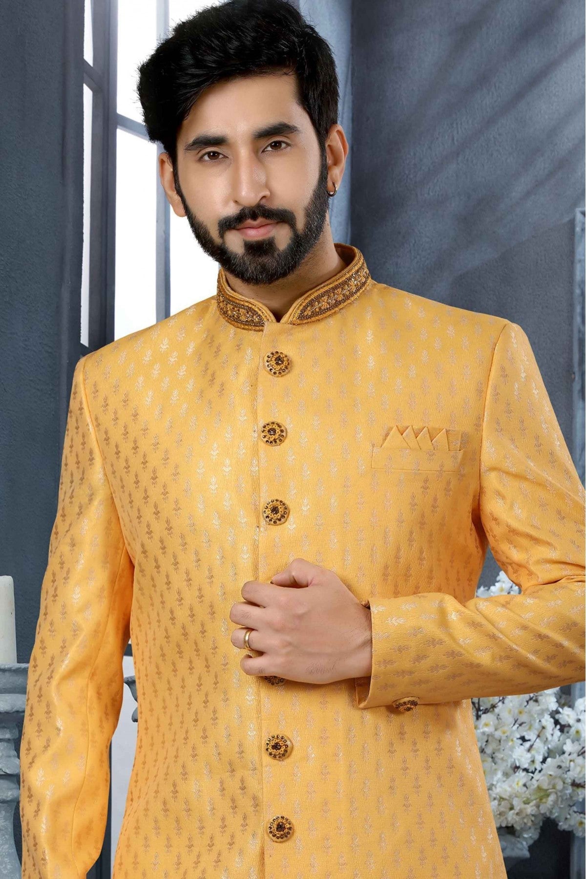 Yellow Colour Jacquard Woven Sherwani VSSH1040317