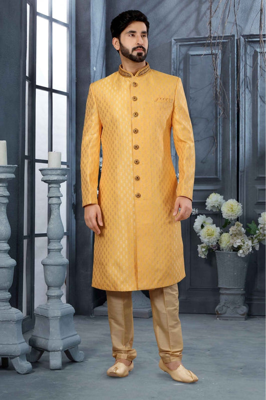 Yellow Colour Jacquard Woven Sherwani VSSH1040317