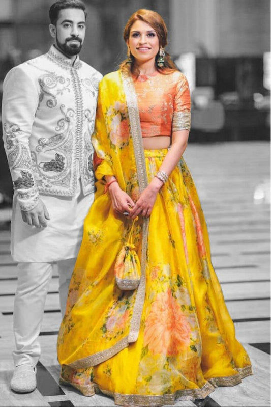 Yellow Colour Khadi and Organza Lehenga Choli