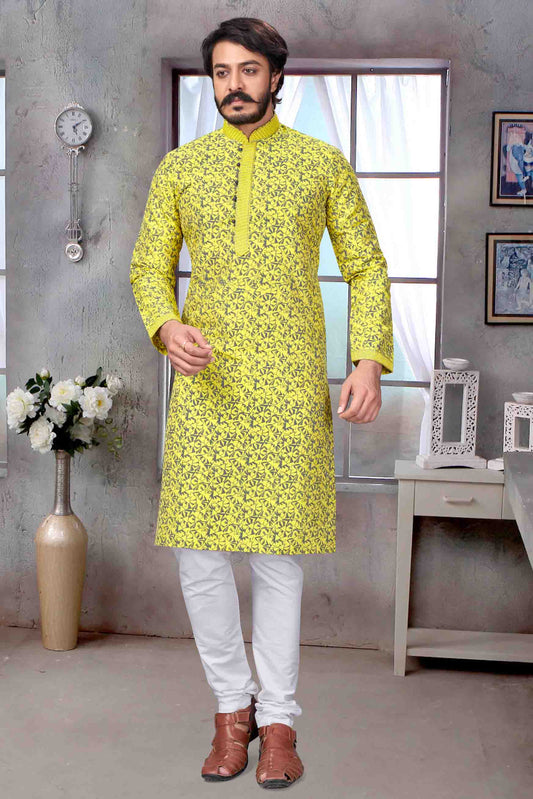 Yellow Colour Kurta Pajama In Jacquard Silk VSKP1210073