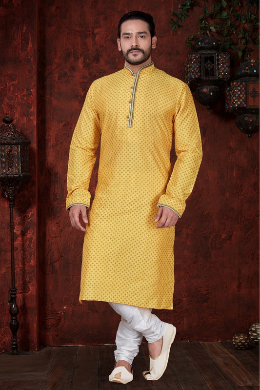 Yellow Colour Kurta Pajama In Jarna Print Fabric VSKP1040058