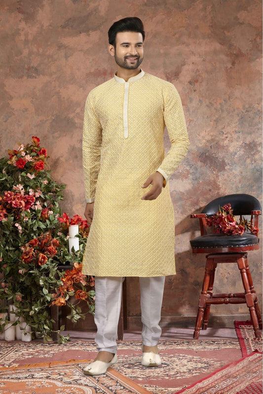 Yellow Colour Kurta Pajama In Lucknowi Fabric VSKP1040161