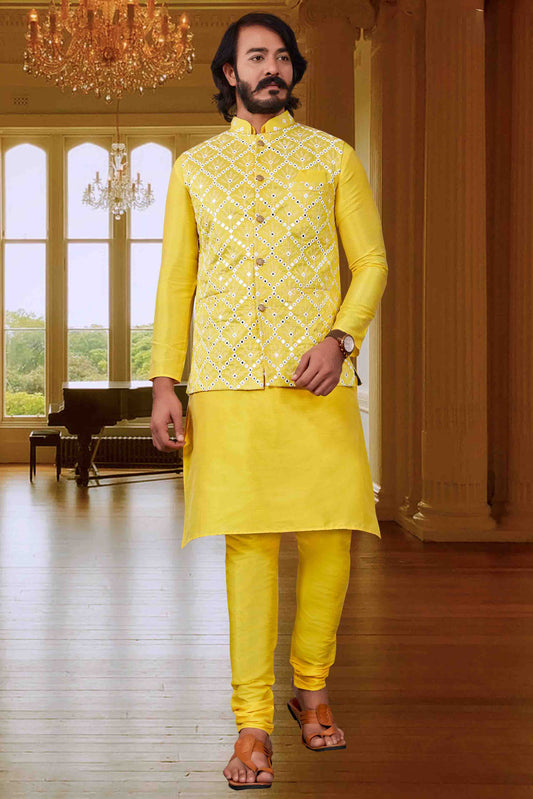 Yellow Colour Kurta Pajama With Jacket In Art Silk VSKP1210394