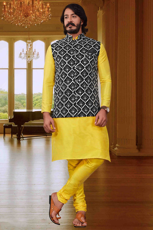 Yellow Colour Kurta Pajama With Jacket In Art Silk VSKP1210395