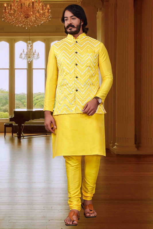 Yellow Colour Kurta Pajama With Jacket In Art Silk VSKP1210415