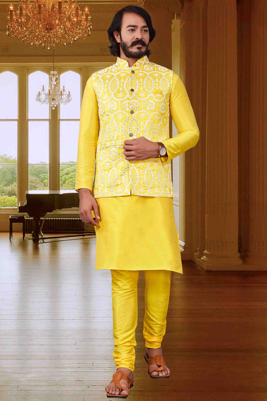 Yellow Colour Kurta Pajama With Jacket In Art Silk VSKP1210419