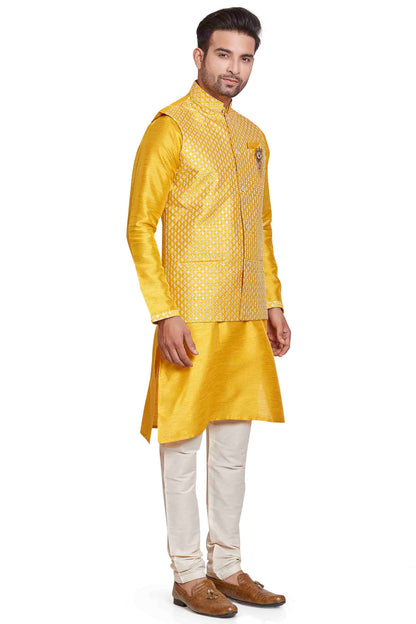 Yellow Colour Kurta Pajama With Jacket In Silk