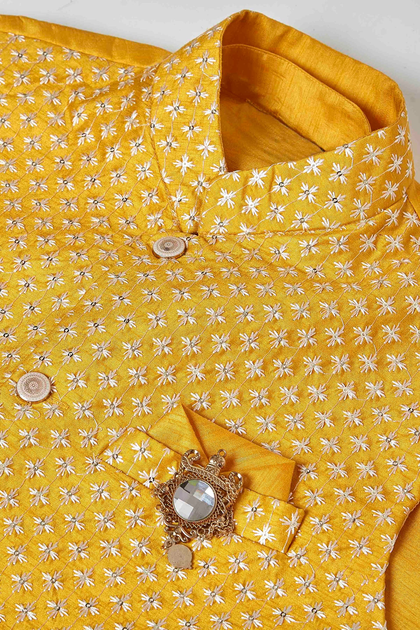 Yellow Colour Kurta Pajama With Jacket In Silk