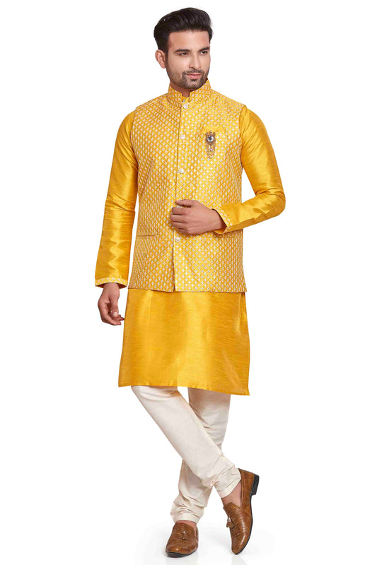 Yellow Colour Kurta Pajama With Jacket In Silk