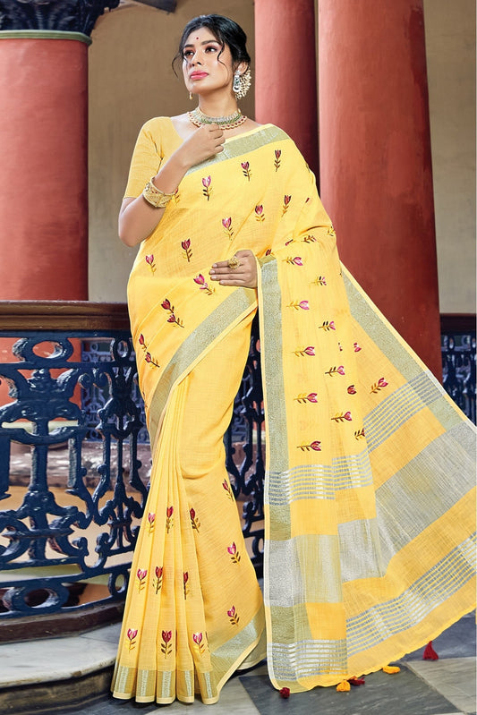 Yellow Colour Linen Thread Work Saree VSSD1100199