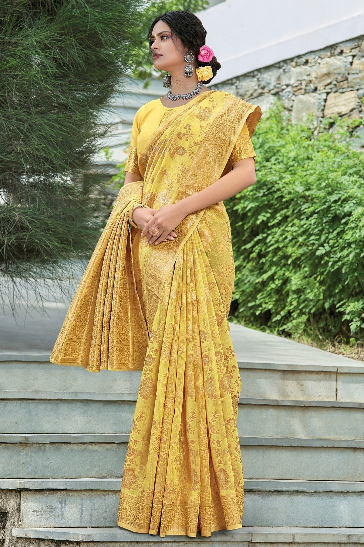 Yellow Colour Linen Woven Saree VSSD1100212