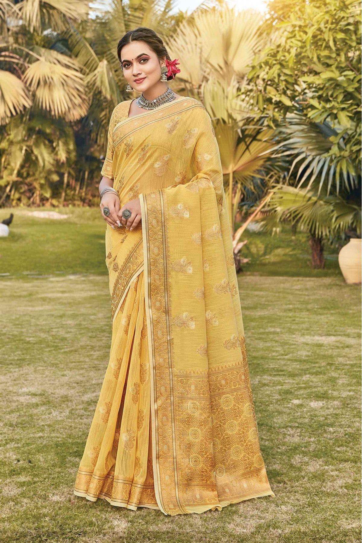 Yellow Colour Linen Woven Saree