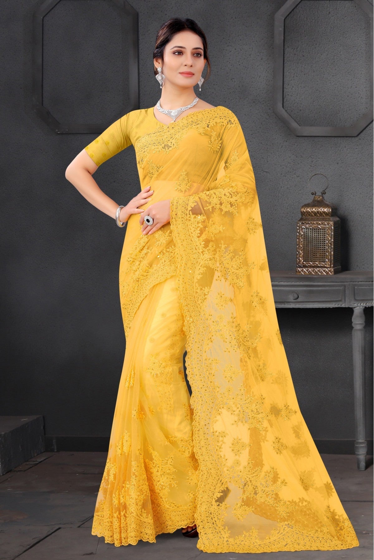 Yellow Colour Net Embroidery Saree