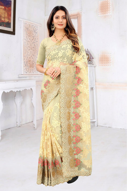 Yellow Colour Net Embroidery Saree