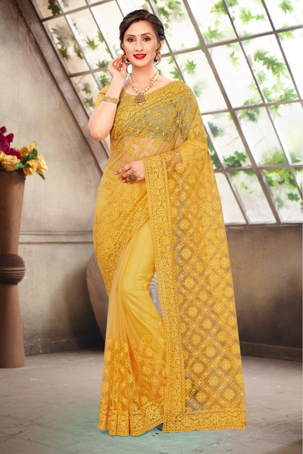 Yellow Colour Net Embroidery Saree