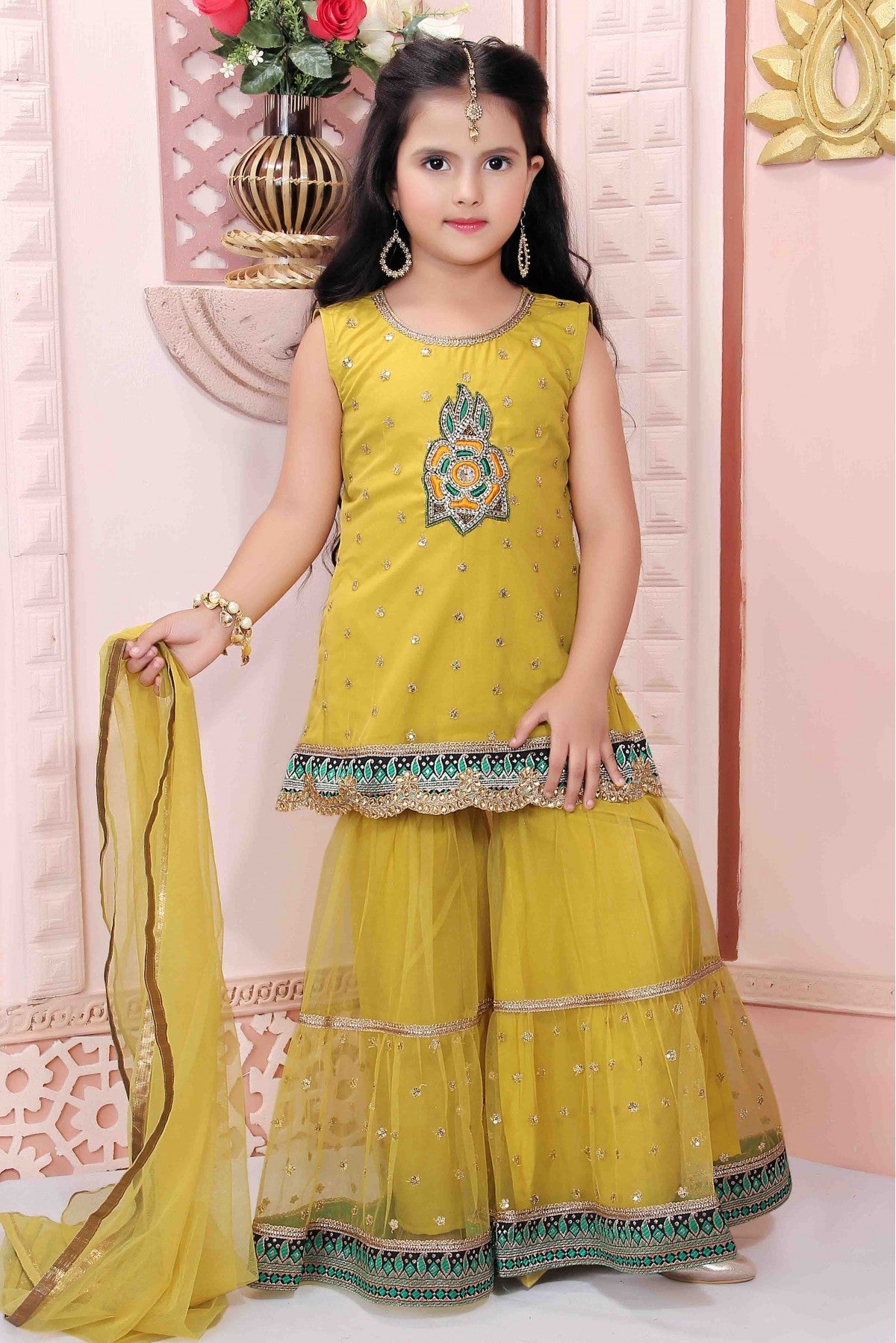 Yellow Colour Net Party Wear Sharara Suit VSGW1070016