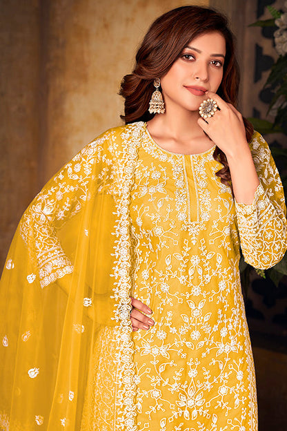 Yellow Colour Net Semi Stitched Palazzo Pant Suit