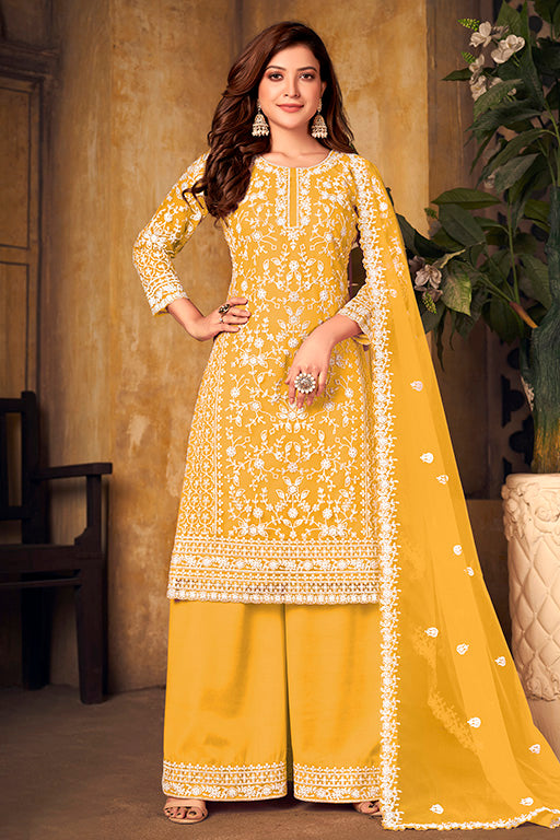 Yellow Colour Net Semi Stitched Palazzo Pant Suit