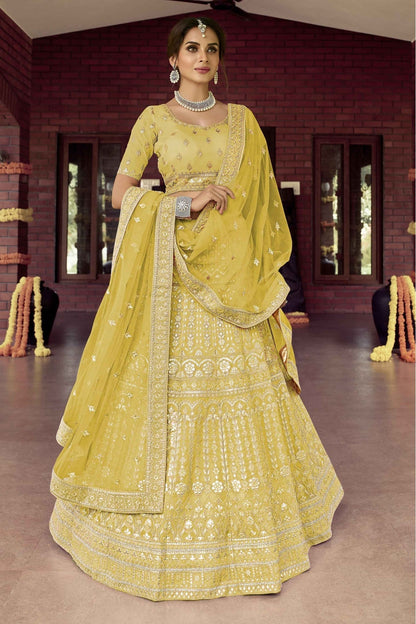 Yellow Colour Organza Resham Work Lehenga Choli