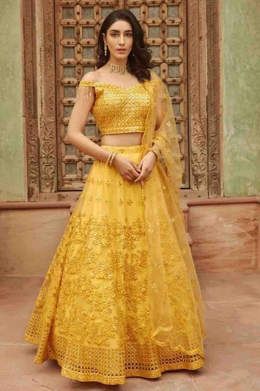 Yellow Colour Pure Organza Thread Work Lehenga Choli