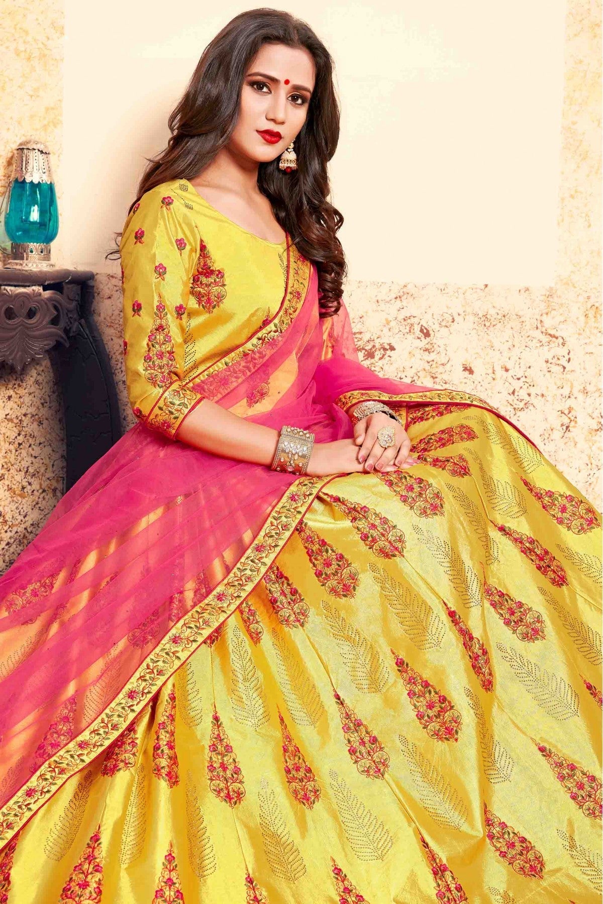 Yellow Colour Satin Embroidery Lehenga Choli