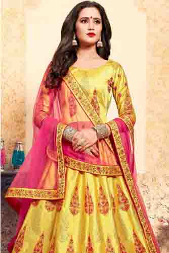 Yellow Colour Satin Embroidery Lehenga Choli