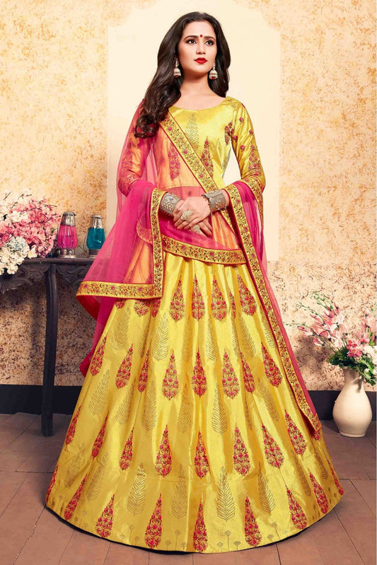 Yellow Colour Satin Embroidery Lehenga Choli