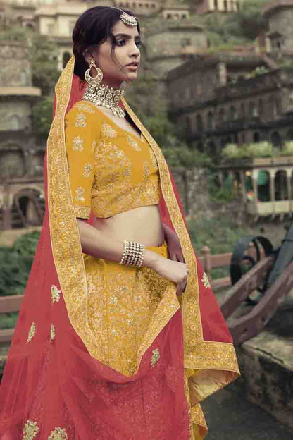 Yellow Colour Satin Thread Work Lehenga Choli