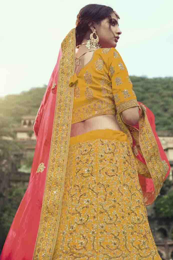 Yellow Colour Satin Thread Work Lehenga Choli