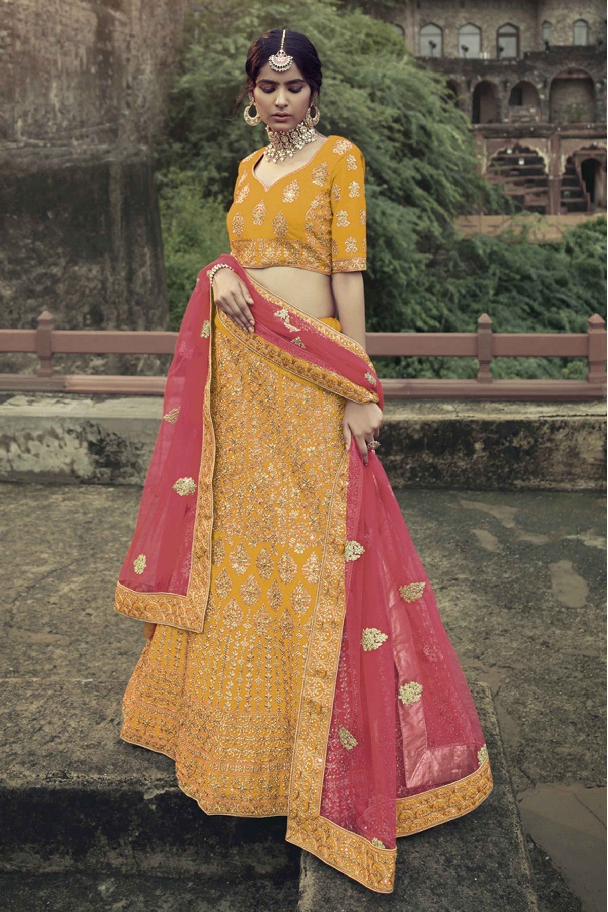 Yellow Colour Satin Thread Work Lehenga Choli