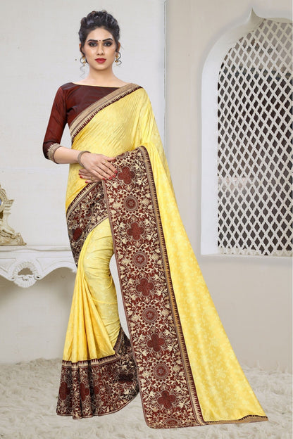 Yellow Colour Silk Jacqaurd Embroidery Saree