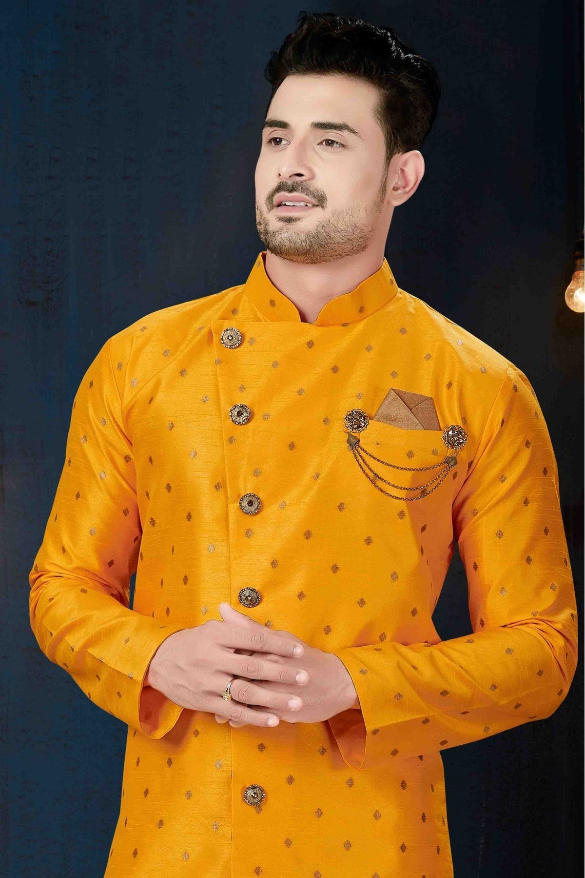 Yellow Colour Silk Party Wear Indo Western Sherwani VSSH1040229