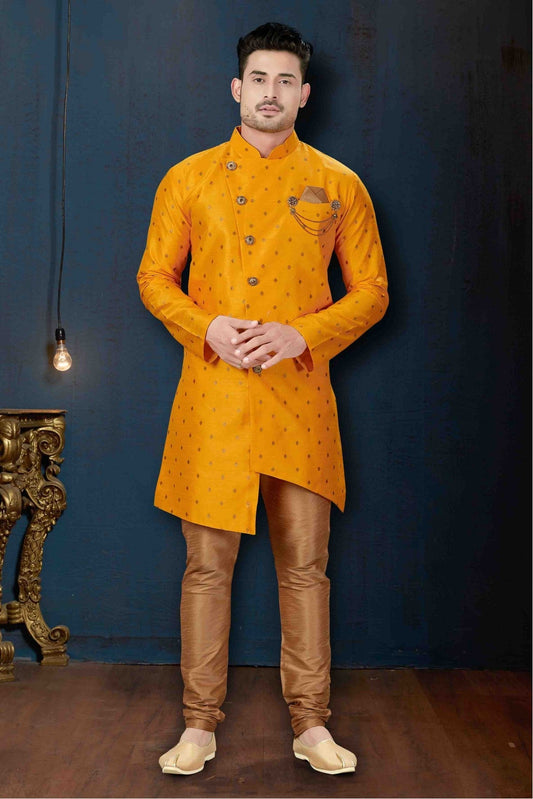 Yellow Colour Silk Party Wear Indo Western Sherwani VSSH1040229