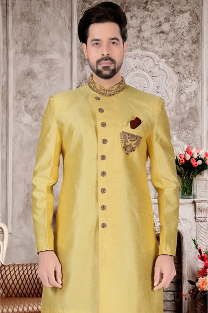 Yellow Colour Slub Silk Sherwani VSSH1040308