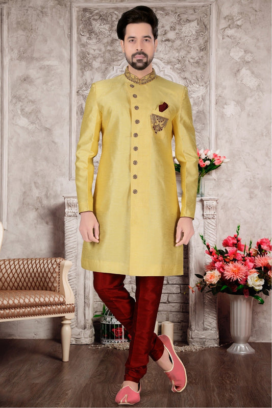 Yellow Colour Slub Silk Sherwani VSSH1040308