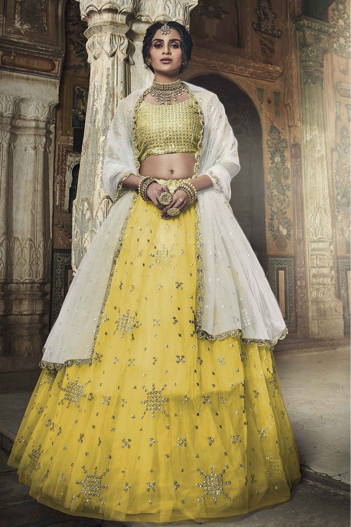 Yellow Colour Soft Net Sequins Work Lehenga Choli VSLC1080617