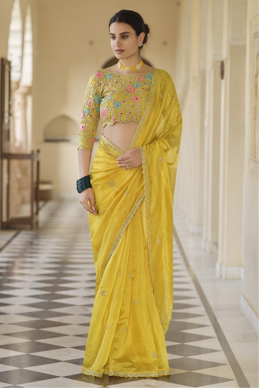 Yellow Colour Soft Net Sequins Work Saree VSSD1080022