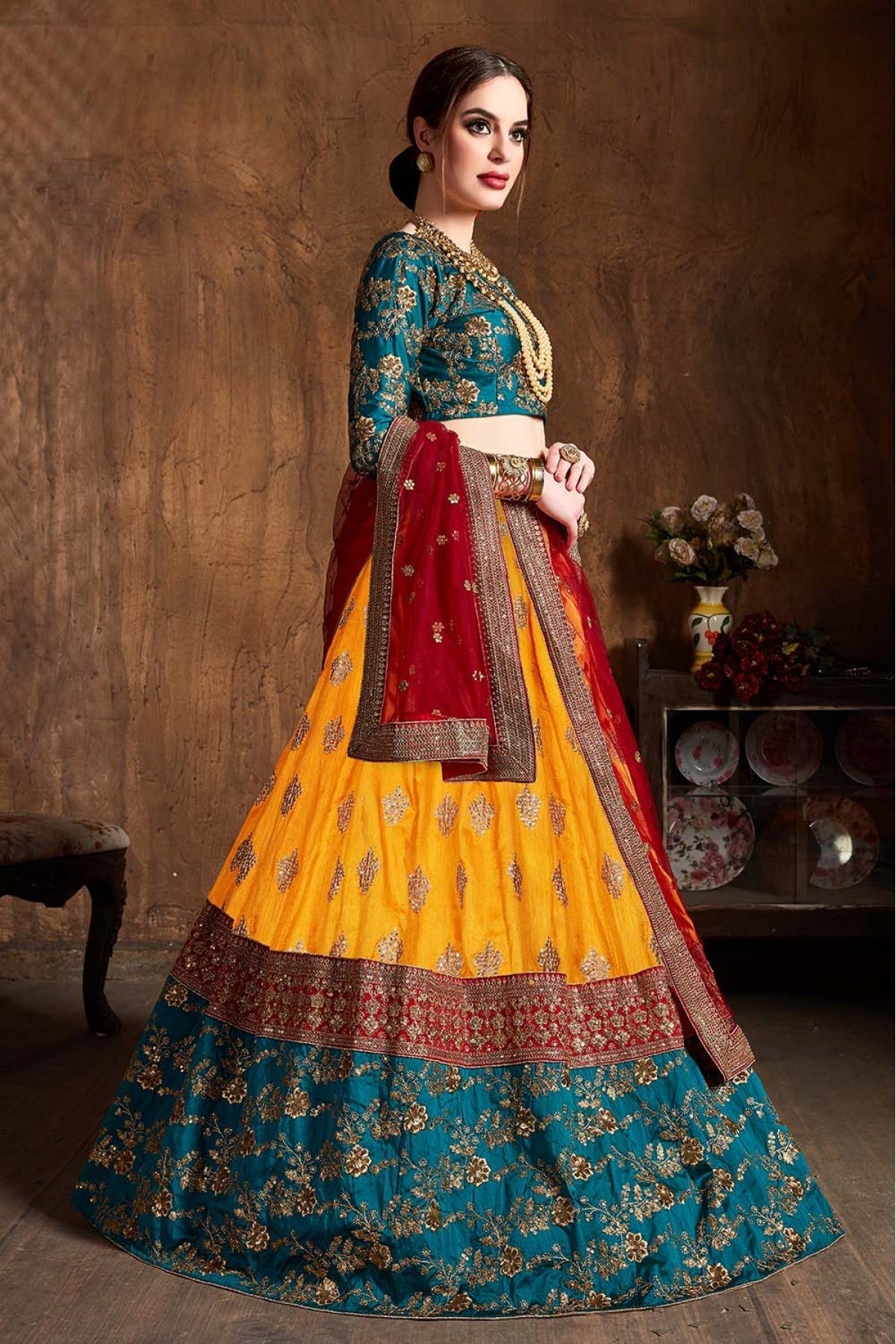 Yellow and Teal Colour Banarasi Silk Lehenga Choli