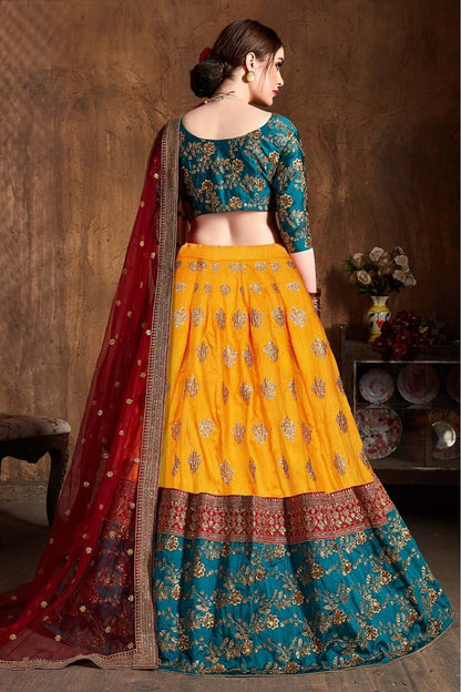 Yellow and Teal Colour Banarasi Silk Lehenga Choli