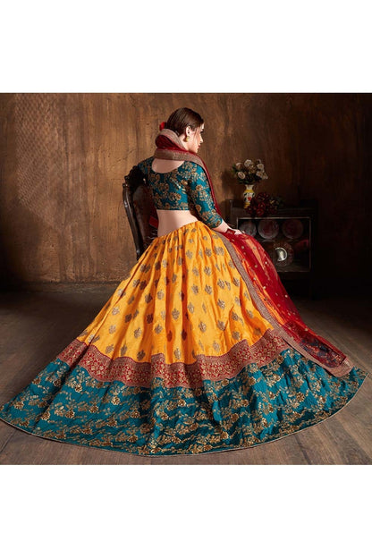 Yellow and Teal Colour Banarasi Silk Lehenga Choli